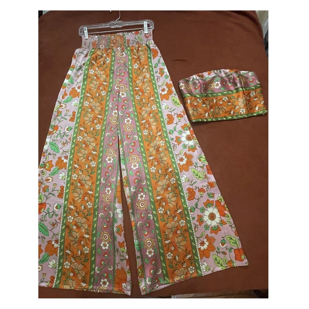 House of Harlow 1960 Floral Wide Leg Pants and Headband - Pink, Orange, Green